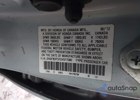 2012 Honda Civic Lx from USA, damaged, VIN 2HGFB2F57CH577080